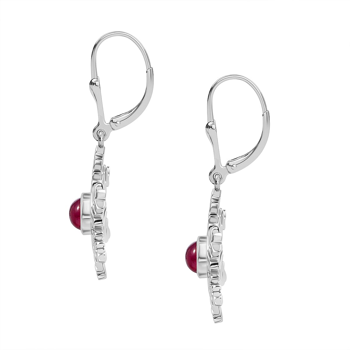 Ruby Solitaire Lever Back Earring in Rhodium Overlay Sterling Silver 1.83 Ct.