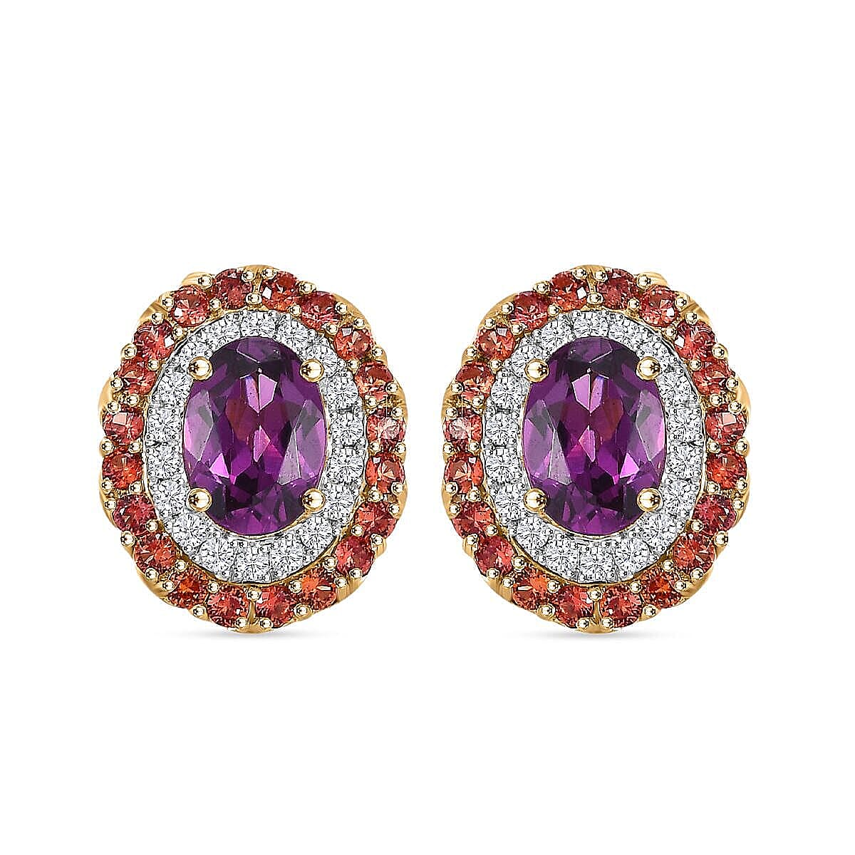 10K Yellow Gold  AAA   Purple Garnet ,  Padparadscha Sapphire ,  White Diamond  I2 Solitaire Stud Push Post Earring 2.87 ct,  Gold Wt. 2.63 Gms  3.160  Ct.