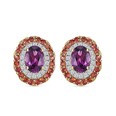 10K Yellow Gold  AAA   Purple Garnet ,  Padparadscha Sapphire ,  White Diamond  I2 Solitaire Stud Push Post Earring 2.87 ct,  Gold Wt. 2.63 Gms  3.160  Ct.