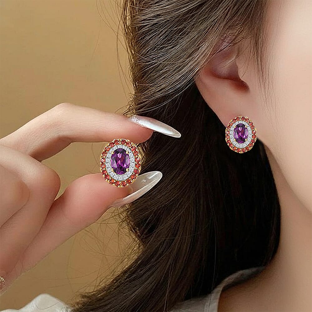 10K Yellow Gold  AAA   Purple Garnet ,  Padparadscha Sapphire ,  White Diamond  I2 Solitaire Stud Push Post Earring 2.87 ct,  Gold Wt. 2.63 Gms  3.160  Ct.