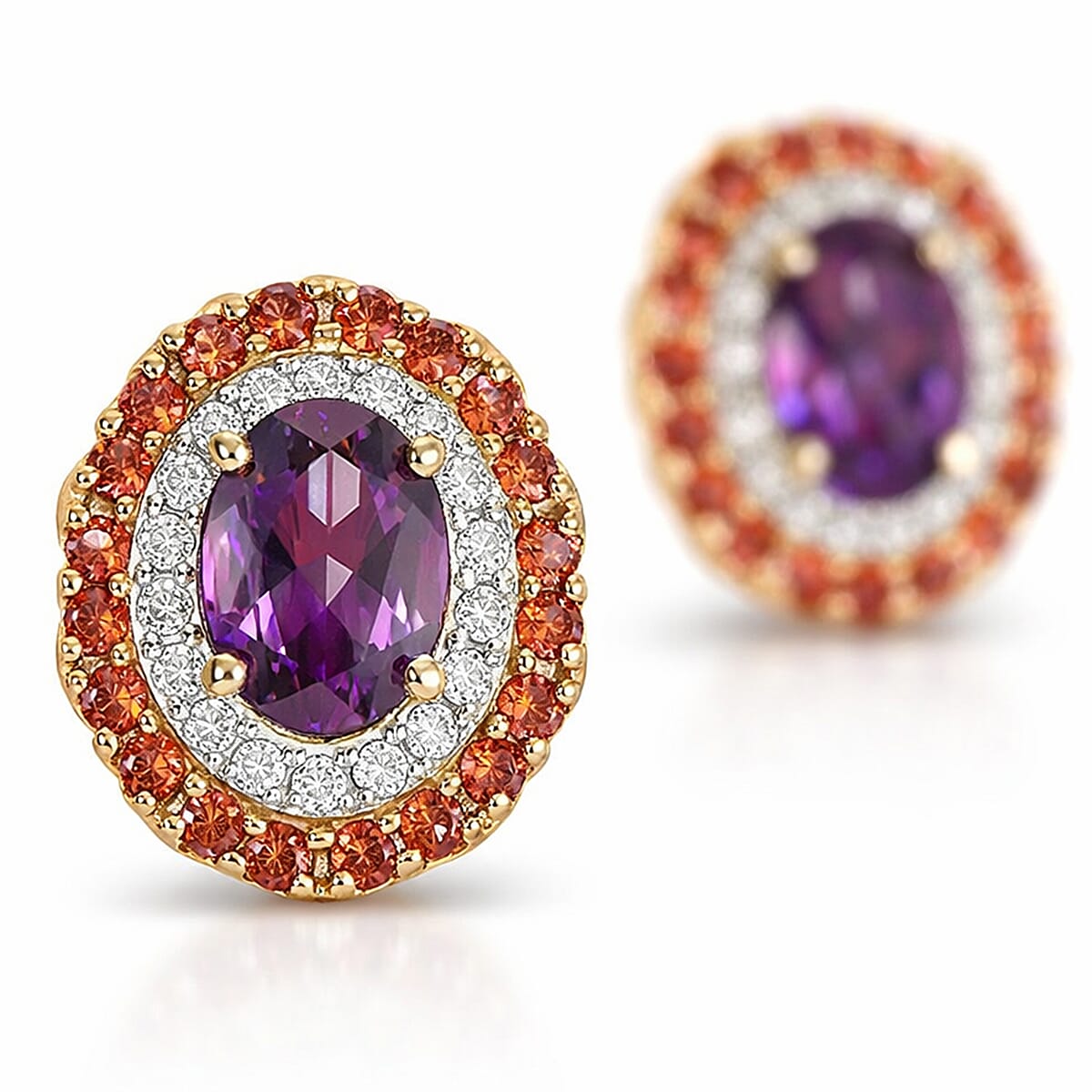 10K Yellow Gold  AAA   Purple Garnet ,  Padparadscha Sapphire ,  White Diamond  I2 Solitaire Stud Push Post Earring 2.87 ct,  Gold Wt. 2.63 Gms  3.160  Ct.