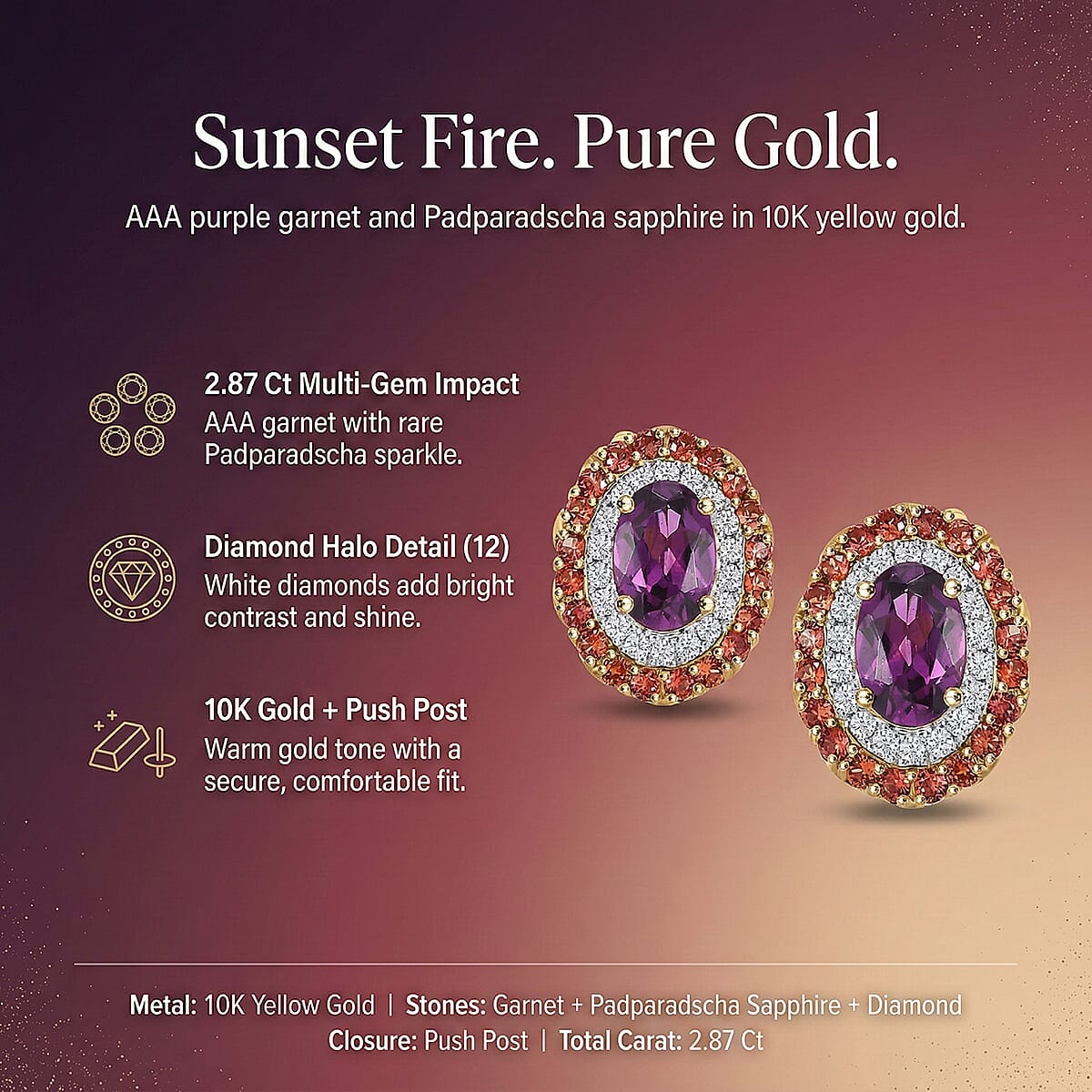 10K Yellow Gold  AAA   Purple Garnet ,  Padparadscha Sapphire ,  White Diamond  I2 Solitaire Stud Push Post Earring 2.87 ct,  Gold Wt. 2.63 Gms  3.160  Ct.