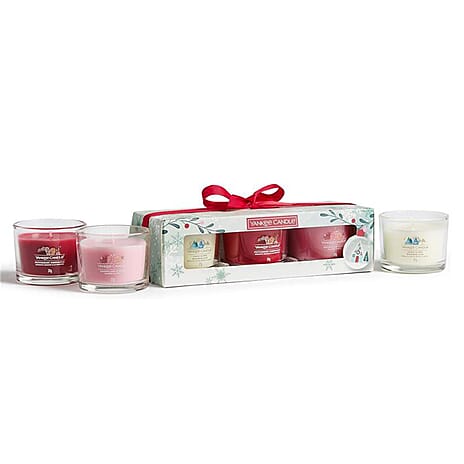 YANKEE CANDLE Set of 3 Candles With Votives- Snow Globe Wonderland, Peppermint Pinwheels & Snowflake Kisses