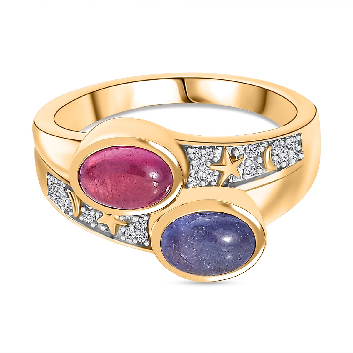GP Celestial Dream Collection - Tanzanite, Blue Sapphire, African Ruby & White Zircon Ring in 18K Vermeil Yellow Gold Plated Sterling Silver 3.20 Ct.