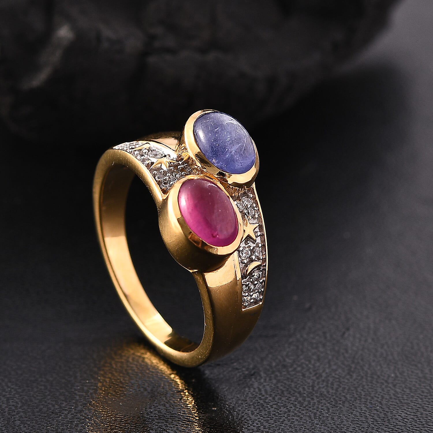 GP Celestial Dream Collection - Tanzanite, Blue Sapphire, African Ruby & White Zircon Ring in 18K Vermeil Yellow Gold Plated Sterling Silver 3.20 Ct.