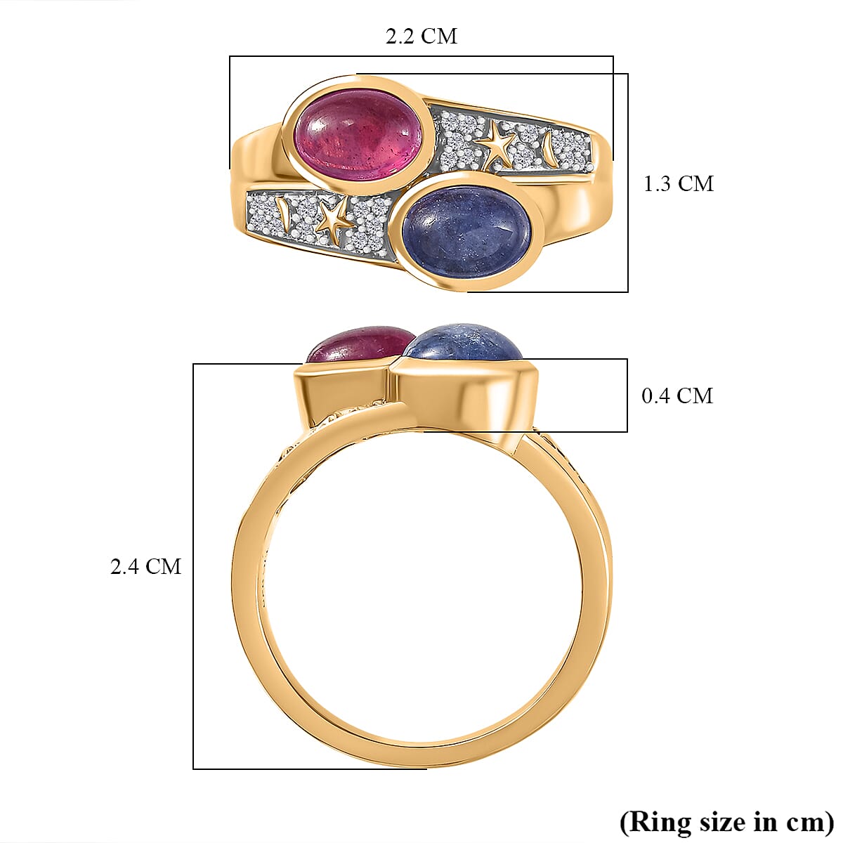 GP Celestial Dream Collection - Tanzanite, Blue Sapphire, African Ruby & White Zircon Ring in 18K Vermeil Yellow Gold Plated Sterling Silver 3.20 Ct.