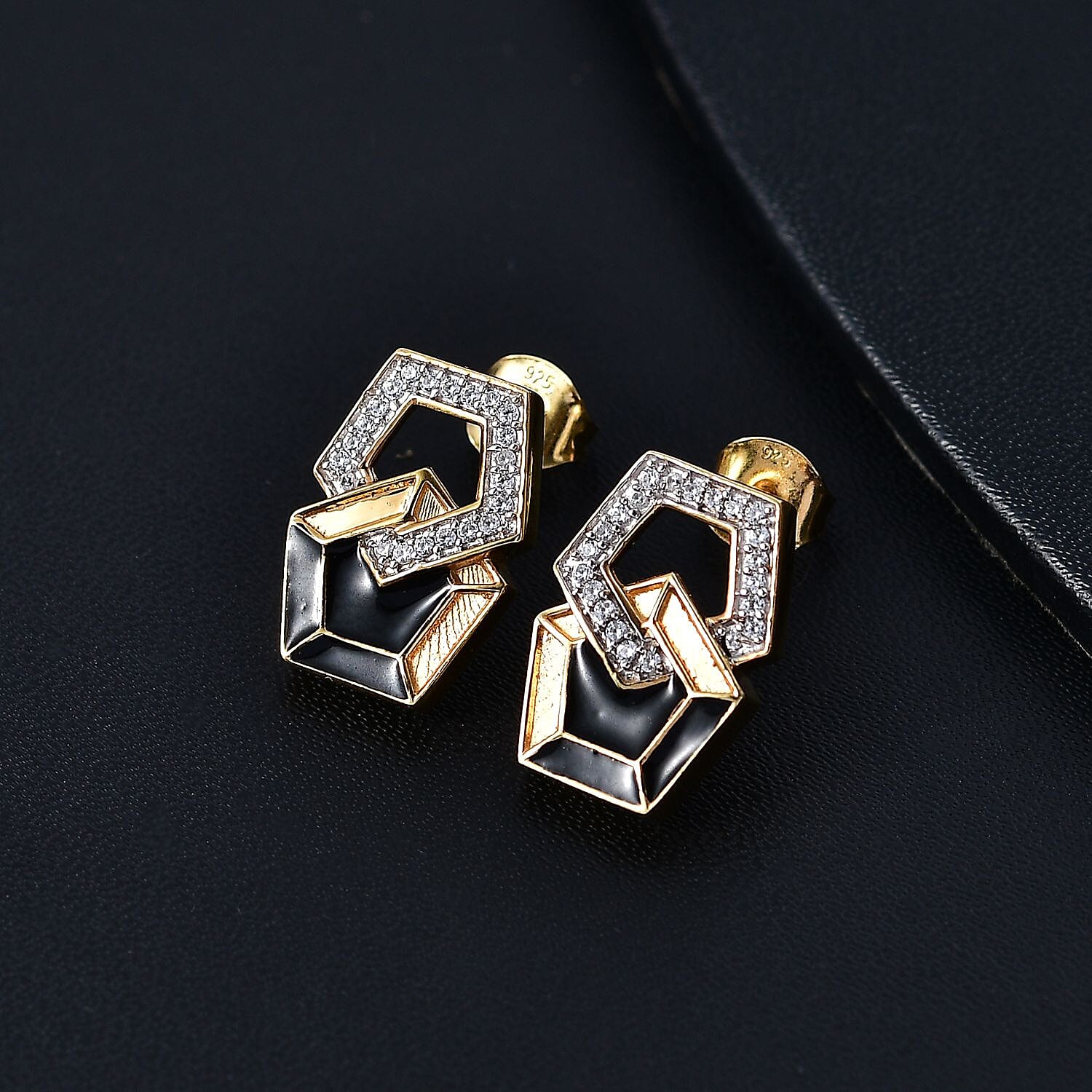 GP Art Deco Collection - White Zircon & Blue Sapphire Earring with Push Back in 18K Vermeil Yellow Gold Plated Sterling Silver