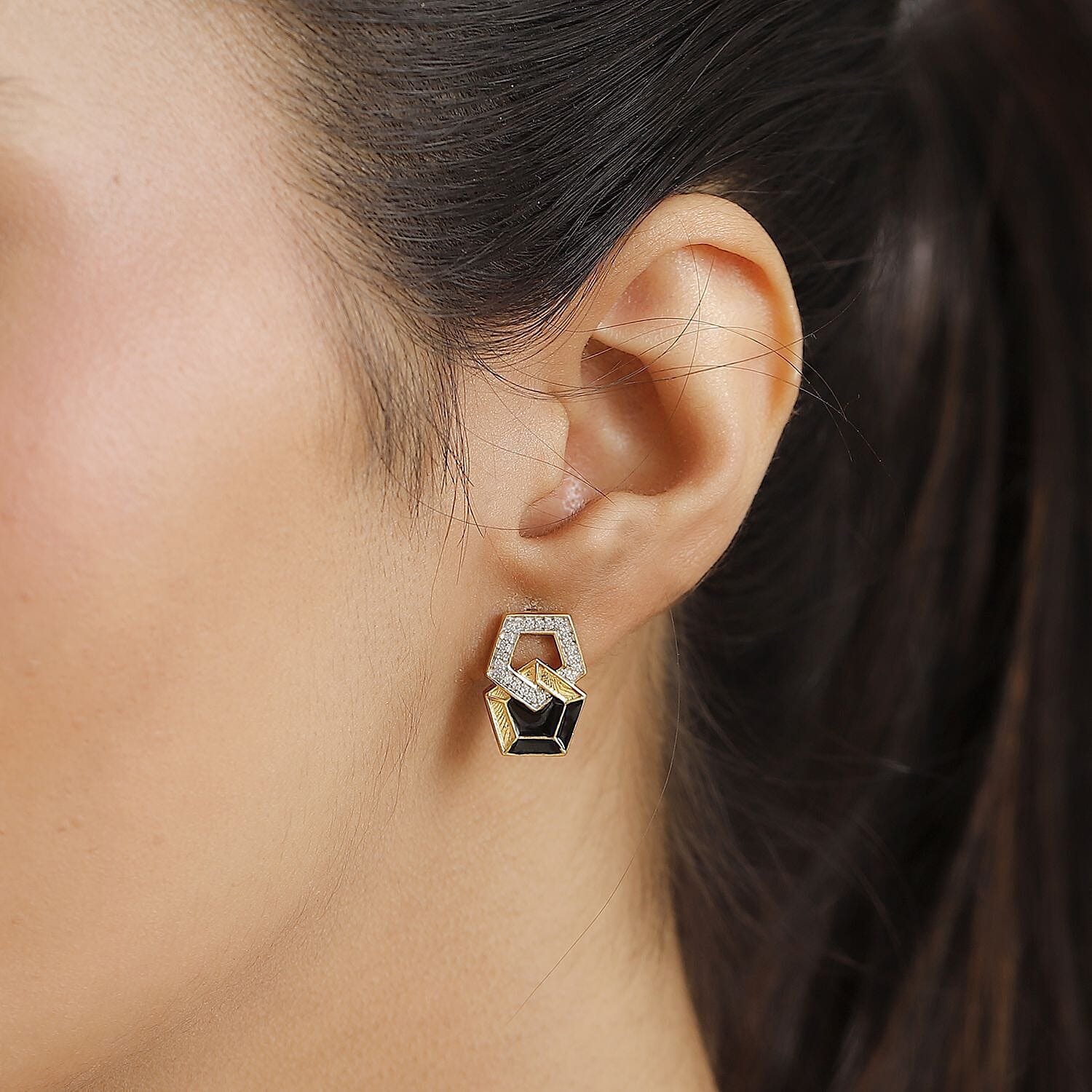 GP Art Deco Collection - White Zircon & Blue Sapphire Earring with Push Back in 18K Vermeil Yellow Gold Plated Sterling Silver