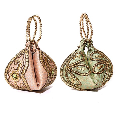 Set of 2 Hand Embrodiered Embellished Potli Bag - Pink - Mint