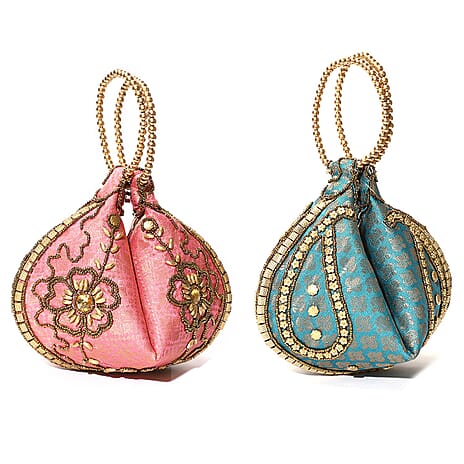 Set of 2 Hand Embrodiered Embellished Potli Bag - Pink - Turquoise