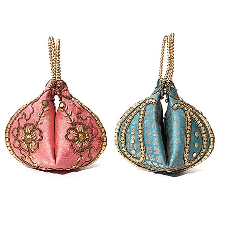 Set of 2 Hand Embrodiered Embellished Potli Bag - Pink - Turquoise