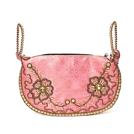 Set of 2 Hand Embrodiered Embellished Potli Bag - Pink - Turquoise