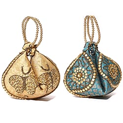 Set of 2 Handcrafted Embellished Potli Bags with Beaded Handles - Beige and Turquoise