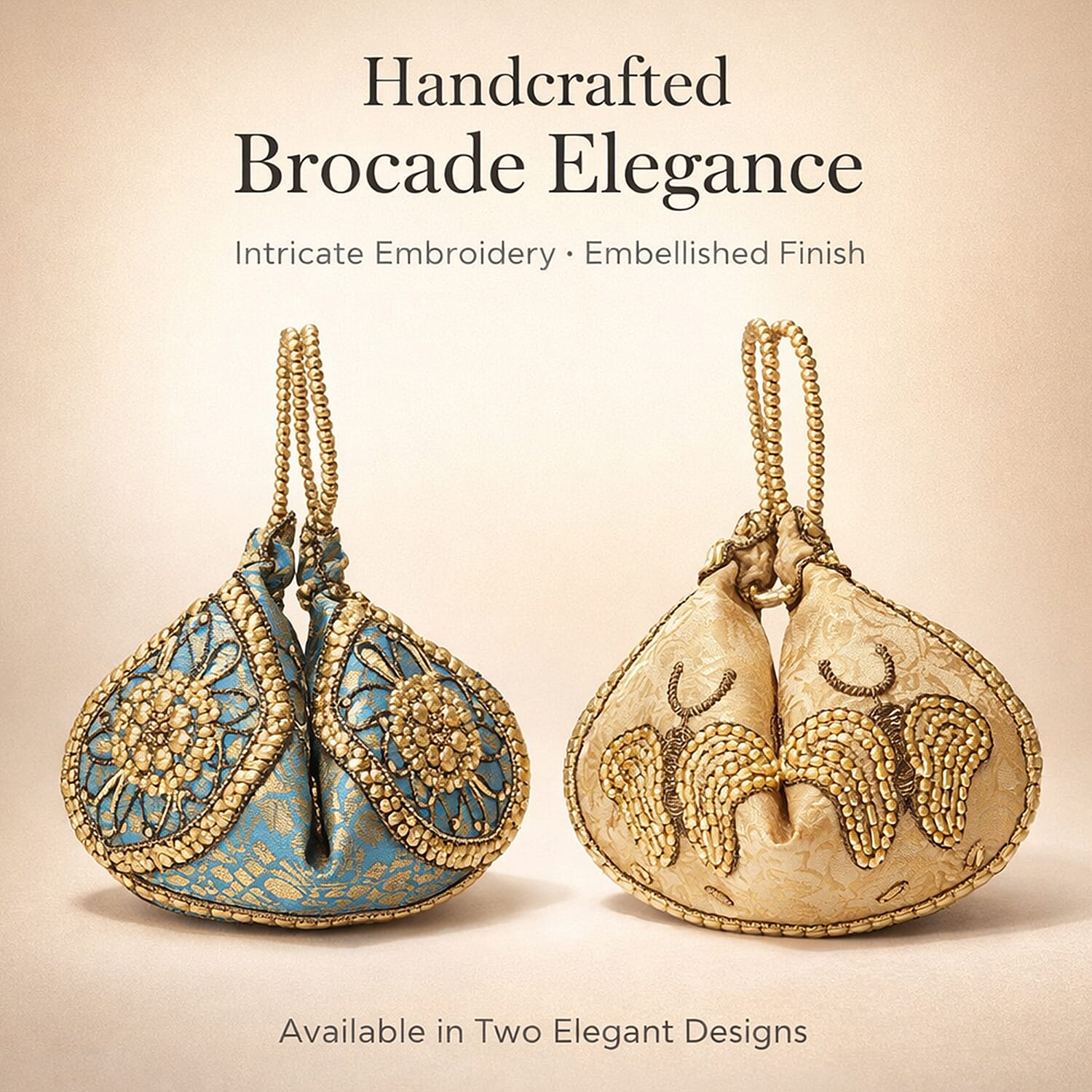 Set of 2 Hand Embrodiered Embellished Potli Bag - Beige - Turquoise