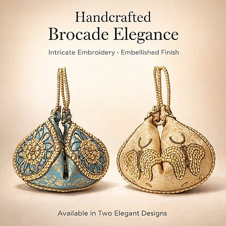 Set of 2 Hand Embrodiered Embellished Potli Bag - Beige - Turquoise