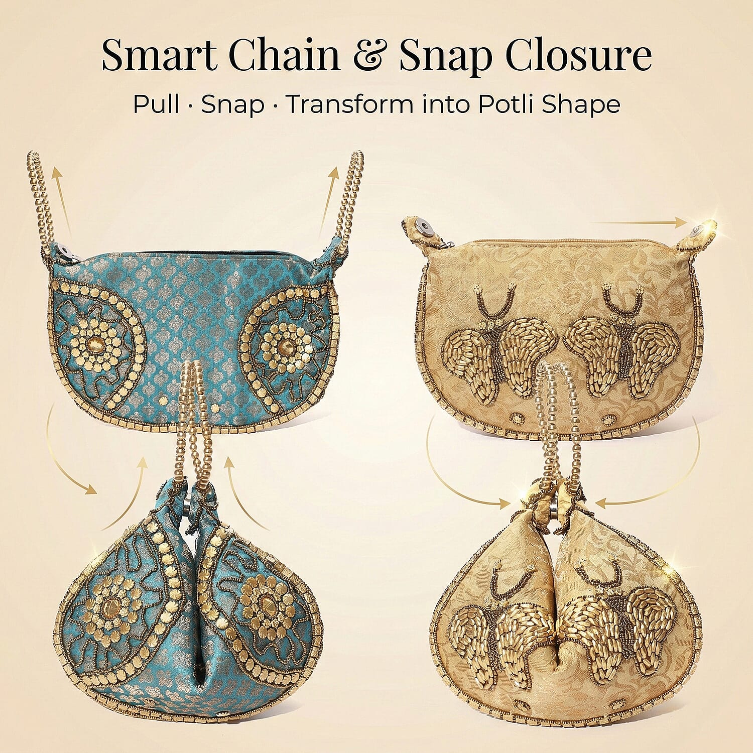 Set of 2 Hand Embrodiered Embellished Potli Bag - Beige - Turquoise