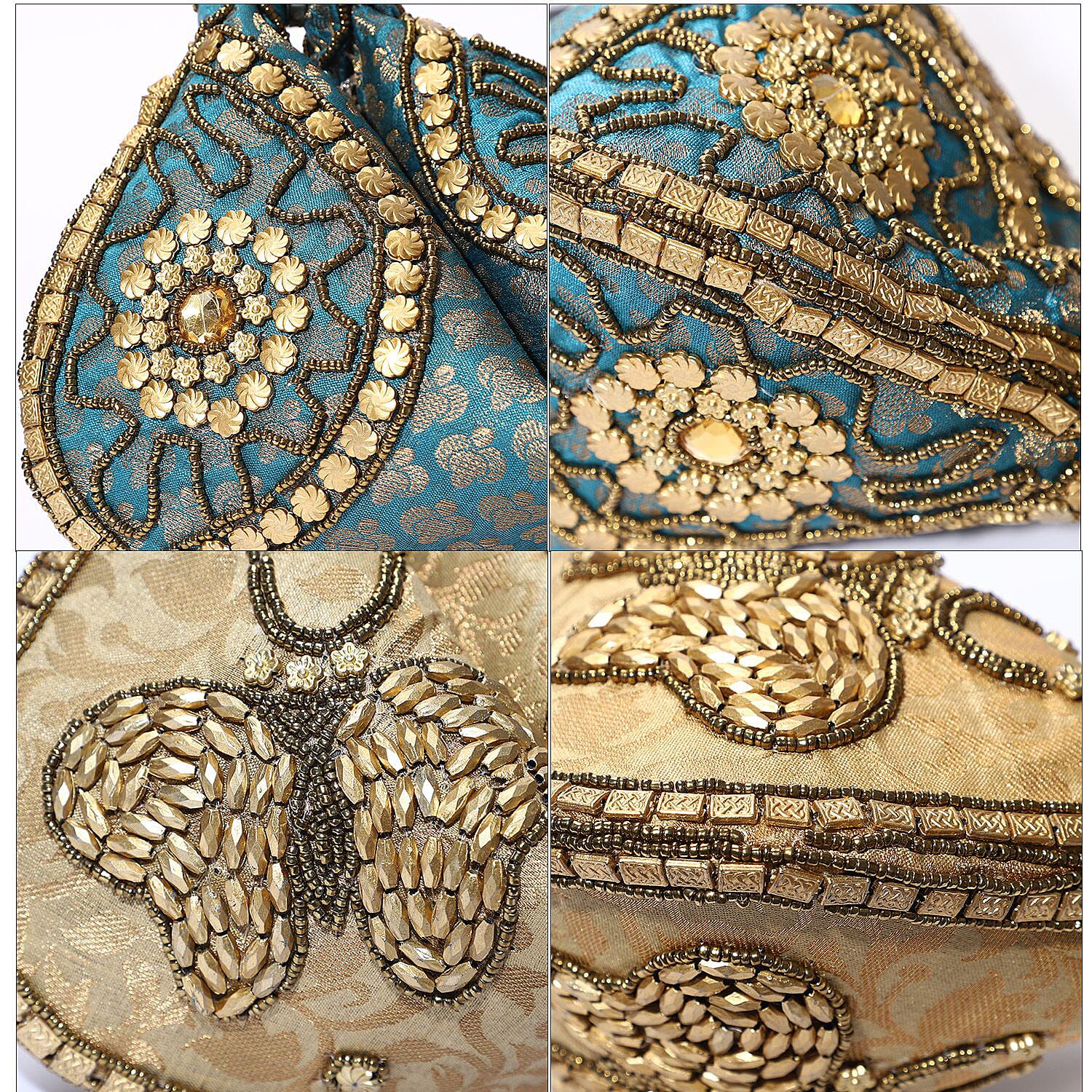 Set of 2 Hand Embrodiered Embellished Potli Bag - Beige - Turquoise