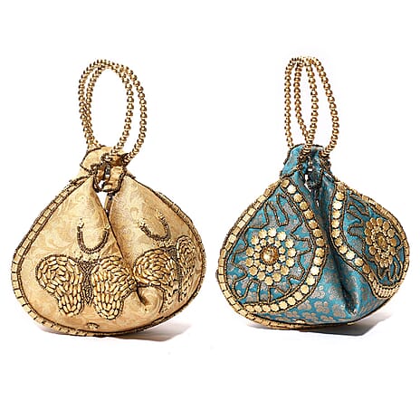 Set of 2 Hand Embrodiered Embellished Potli Bag - Beige - Turquoise
