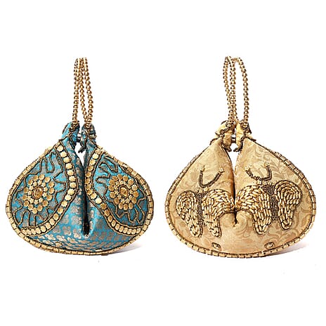 Set of 2 Hand Embrodiered Embellished Potli Bag - Beige - Turquoise