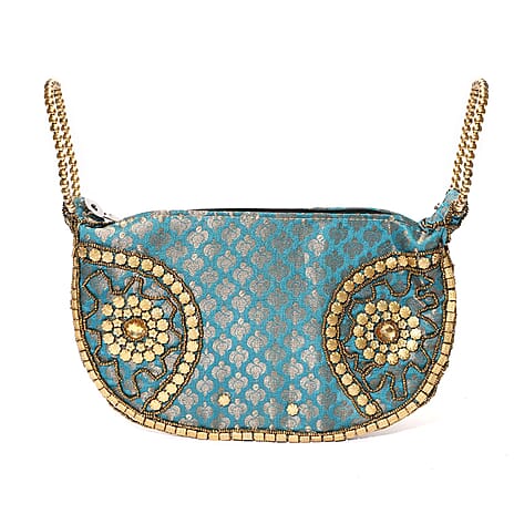 Set of 2 Hand Embrodiered Embellished Potli Bag - Beige - Turquoise