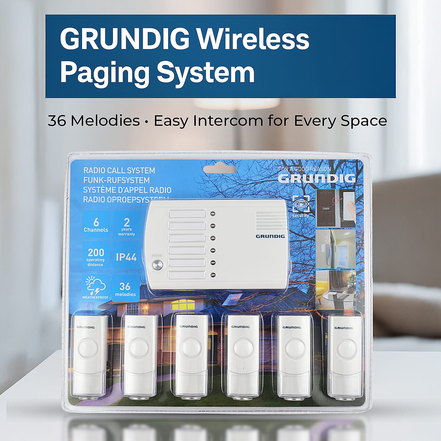 Grundig Doorbell - Call System with 6 Transmitters - 200 m Range - IP44 Certified - Name Tags - 36 Melodies - Office and Home - White