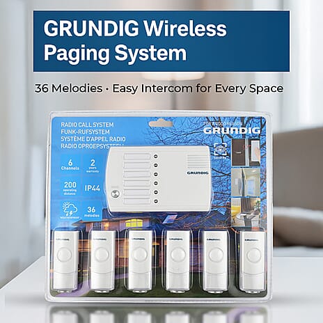 Grundig Doorbell - Call System with 6 Transmitters - 200 m Range - IP44 Certified - Name Tags - 36 Melodies - Office and Home - White