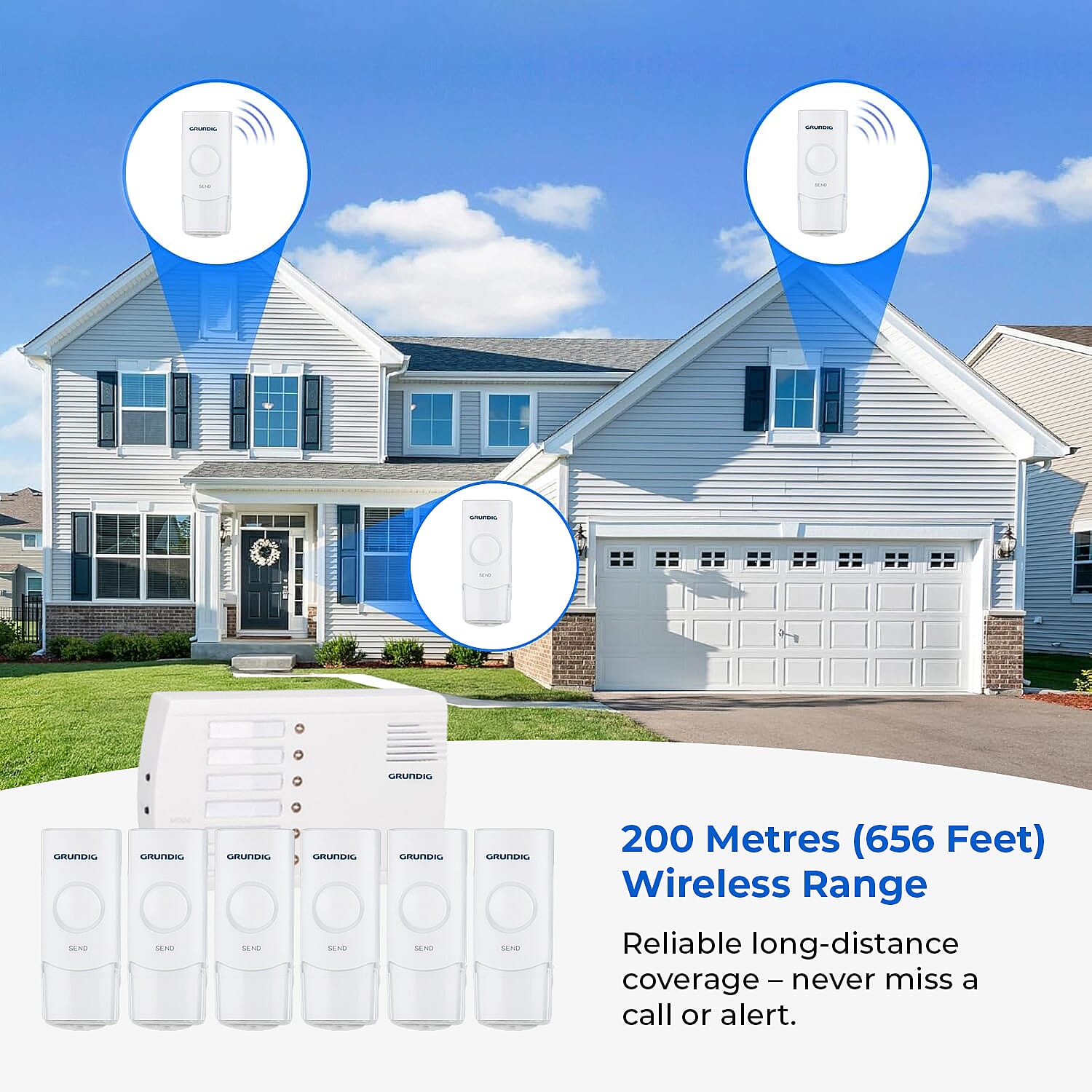 Grundig Doorbell - Call System with 6 Transmitters - 200 m Range - IP44 Certified - Name Tags - 36 Melodies - Office and Home - White