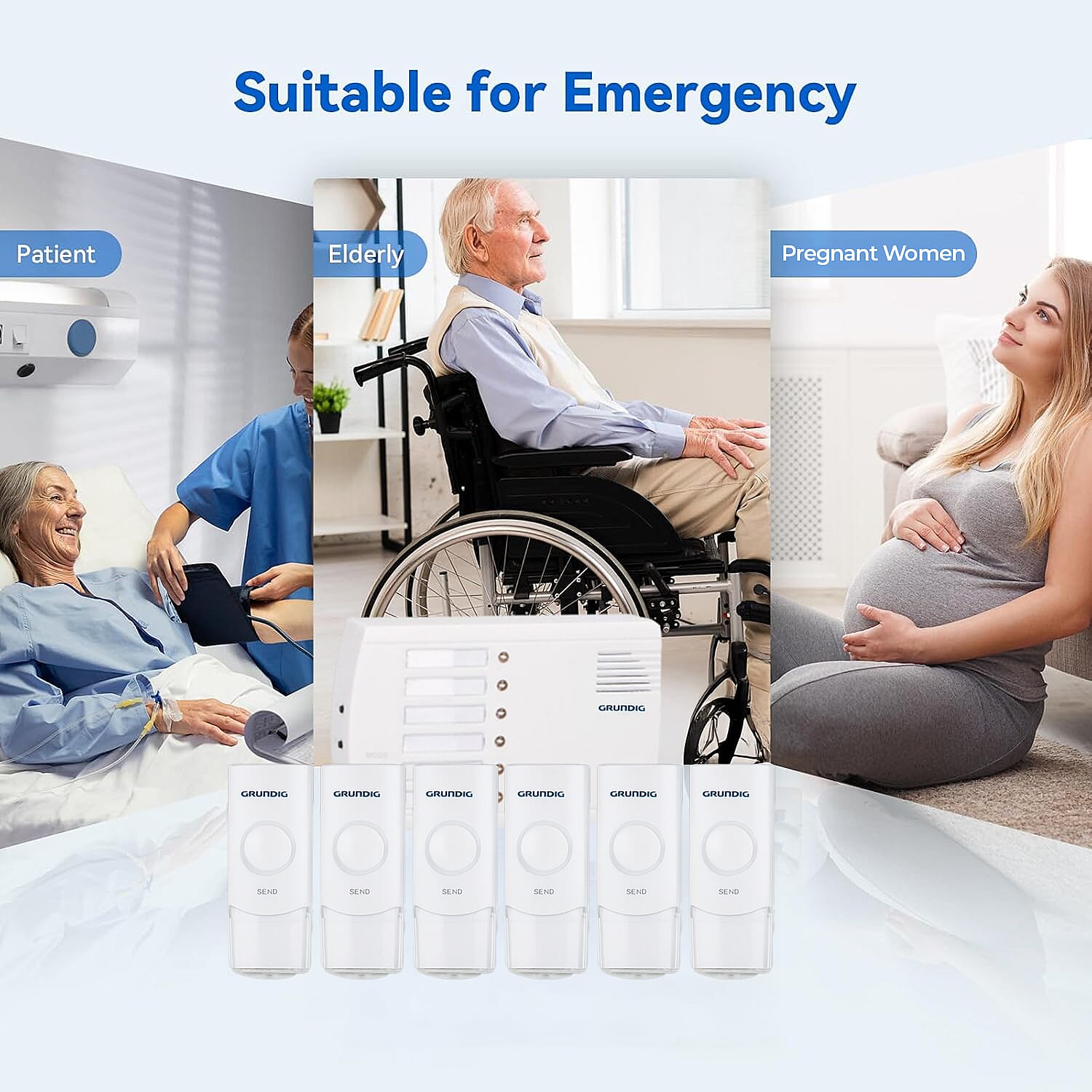 Grundig Doorbell - Call System with 6 Transmitters - 200 m Range - IP44 Certified - Name Tags - 36 Melodies - Office and Home - White