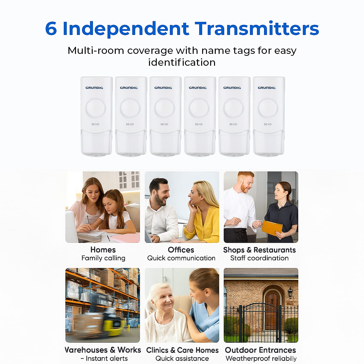 Grundig Doorbell - Call System with 6 Transmitters - 200 m Range - IP44 Certified - Name Tags - 36 Melodies - Office and Home - White