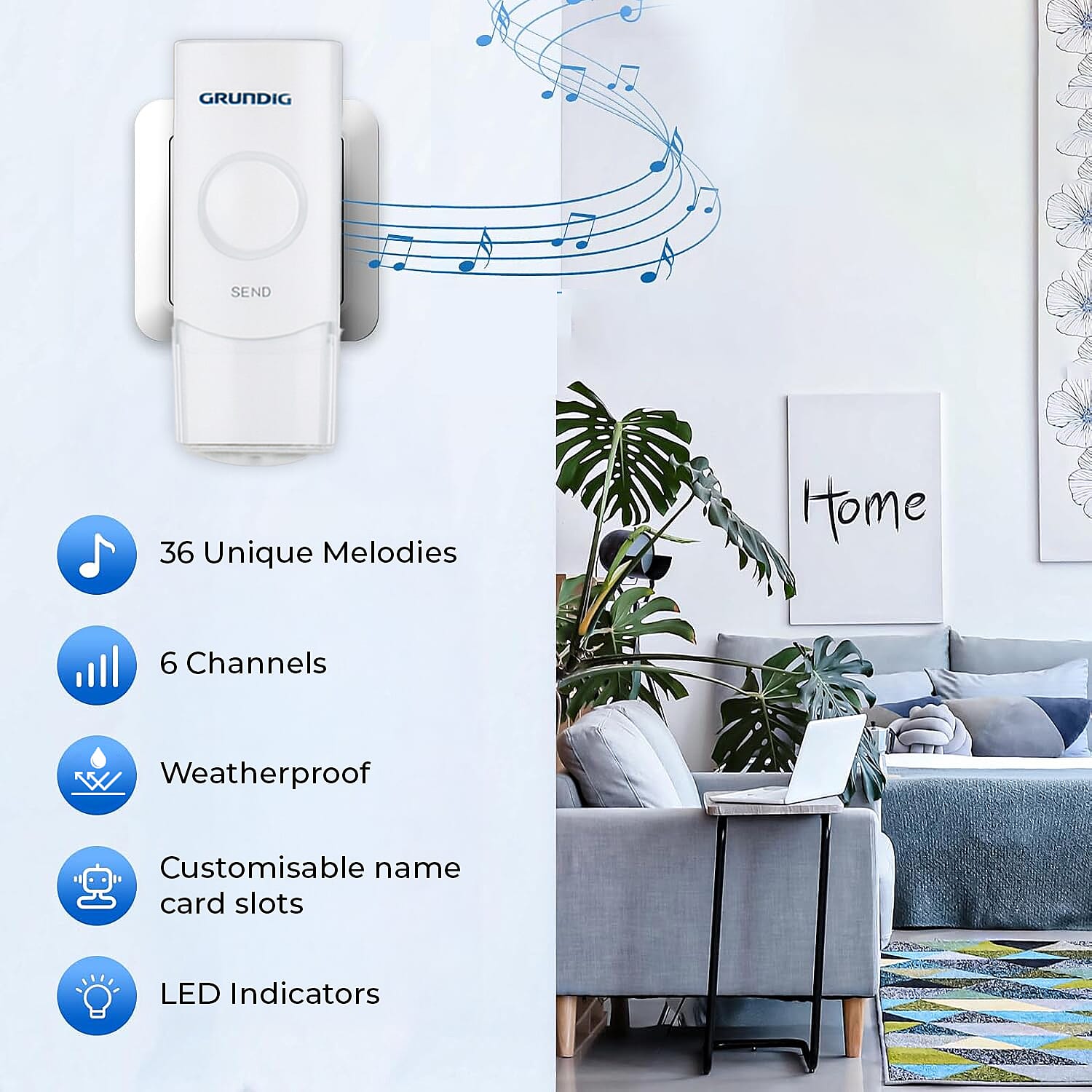Grundig Doorbell - Call System with 6 Transmitters - 200 m Range - IP44 Certified - Name Tags - 36 Melodies - Office and Home - White