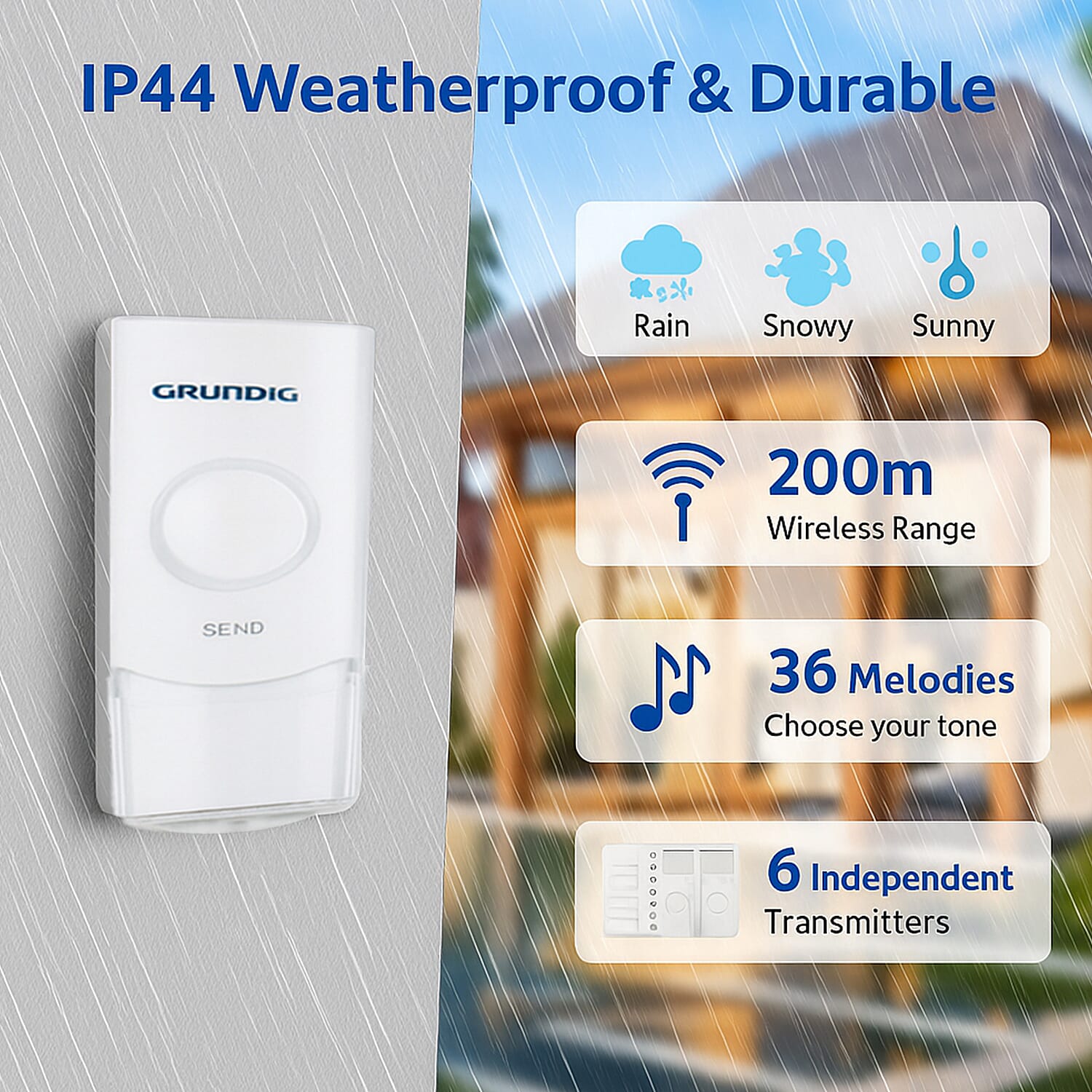 Grundig Doorbell - Call System with 6 Transmitters - 200 m Range - IP44 Certified - Name Tags - 36 Melodies - Office and Home - White