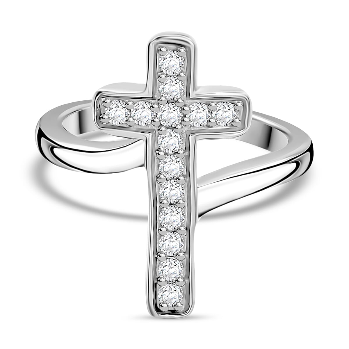 Moissanite Cross Ring in Rhodium Overlay Sterling Silver