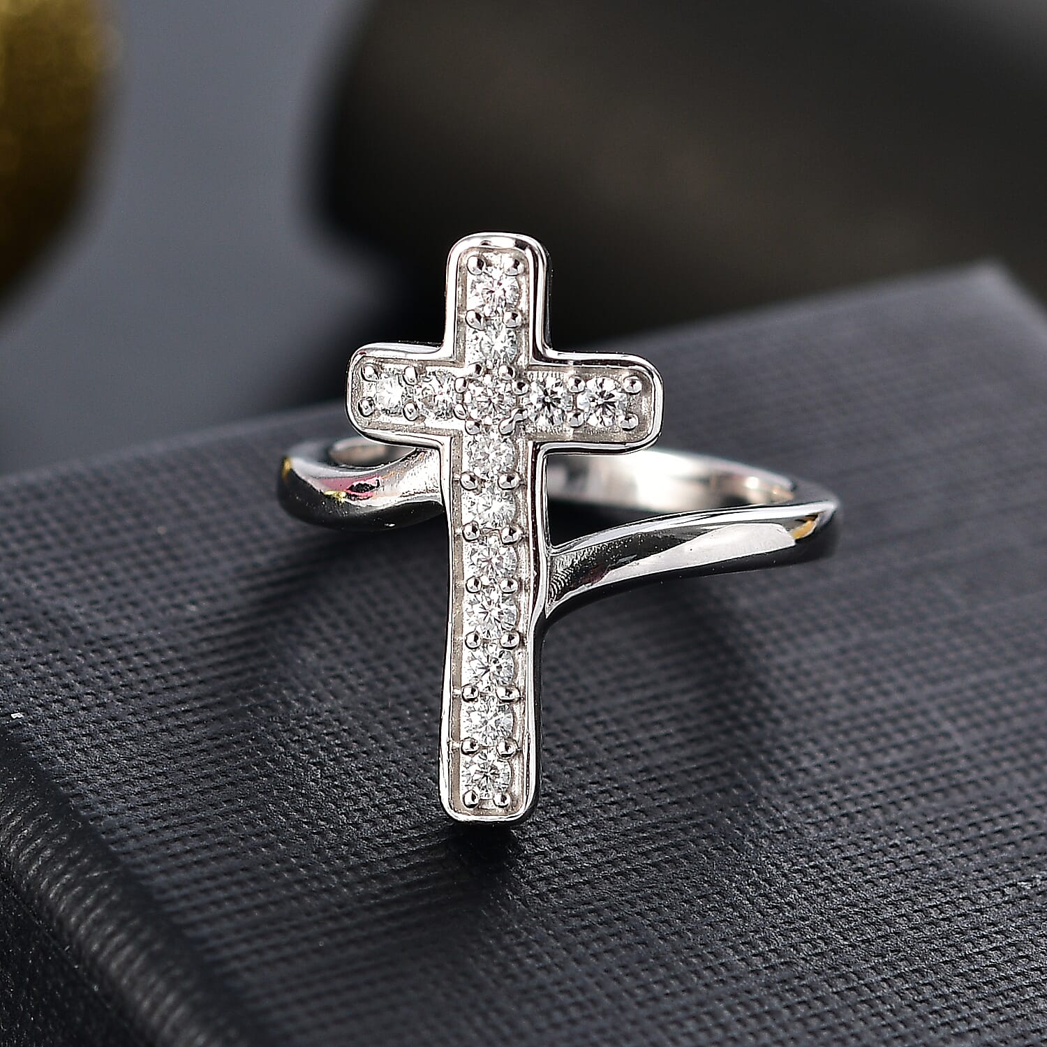 Moissanite Cross Ring in Rhodium Overlay Sterling Silver