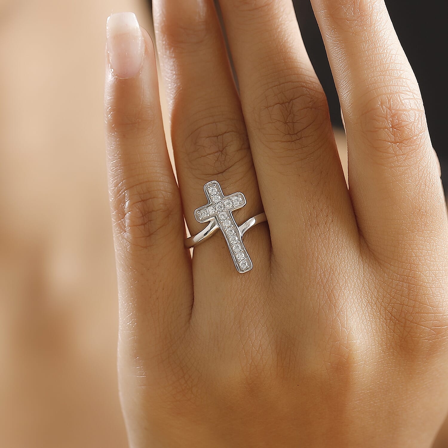 Moissanite Cross Ring in Rhodium Overlay Sterling Silver
