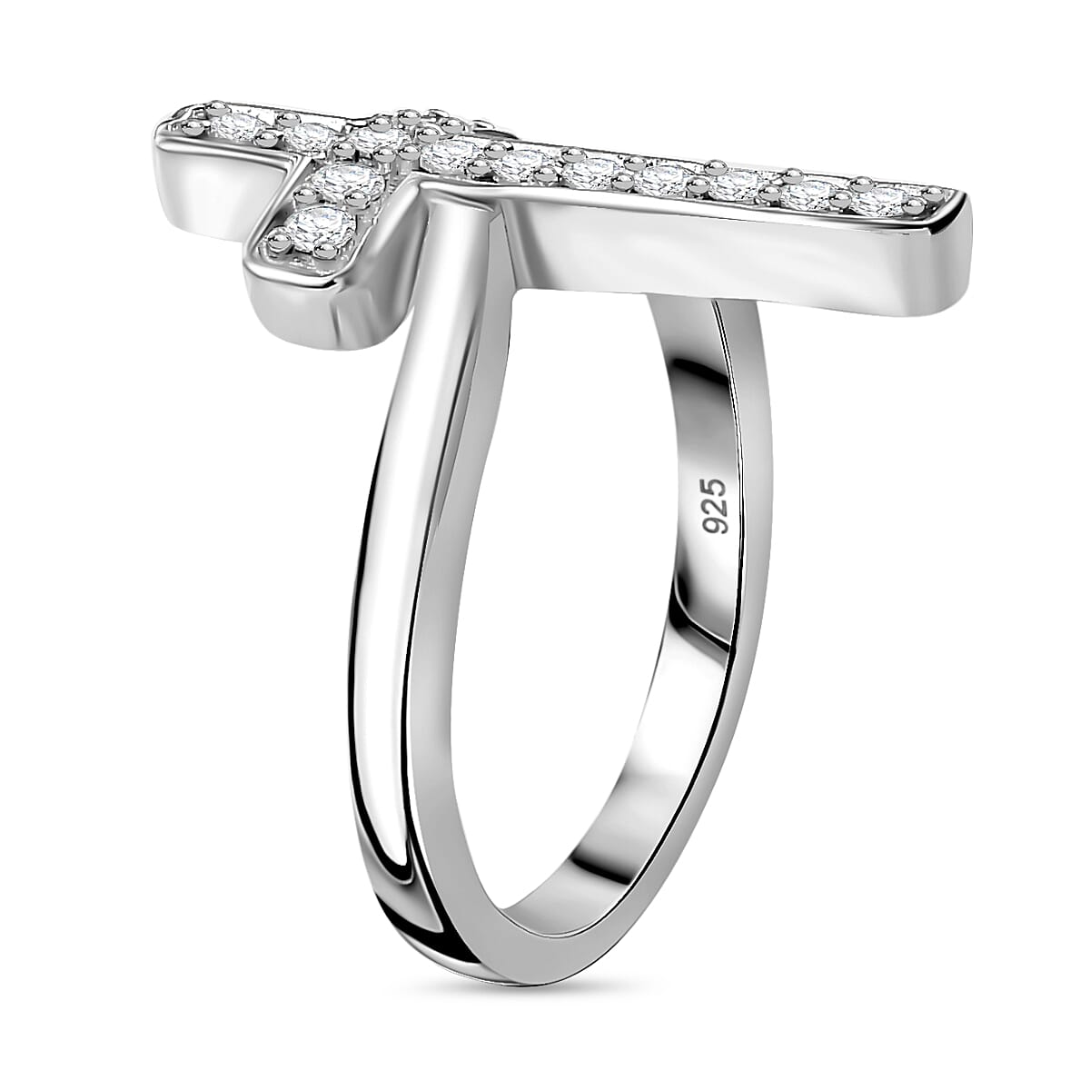 Moissanite Cross Ring in Rhodium Overlay Sterling Silver
