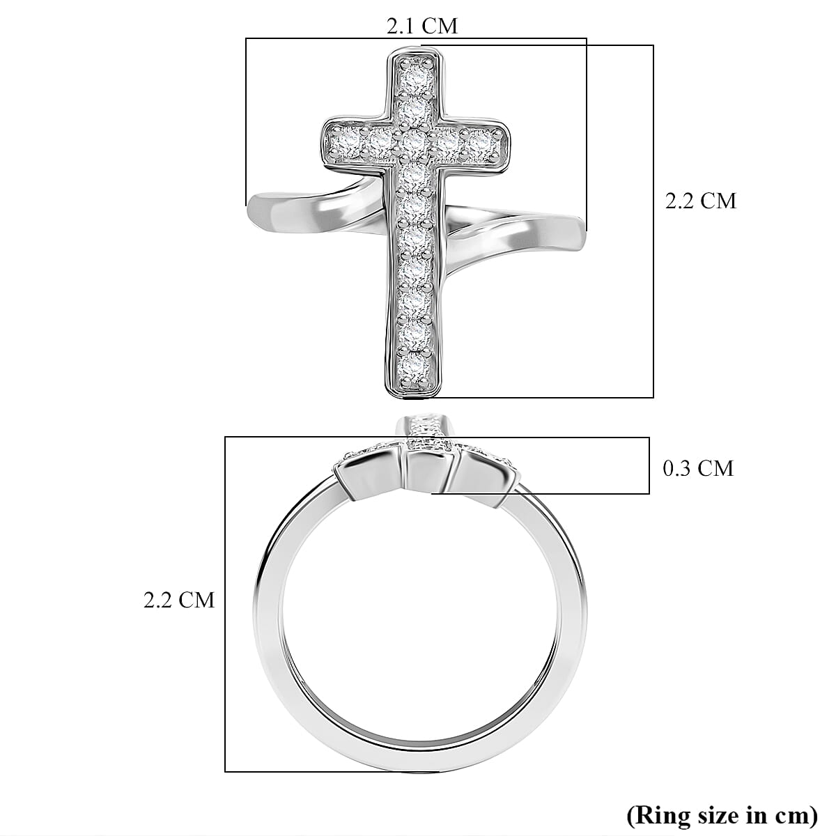 Moissanite Cross Ring in Rhodium Overlay Sterling Silver