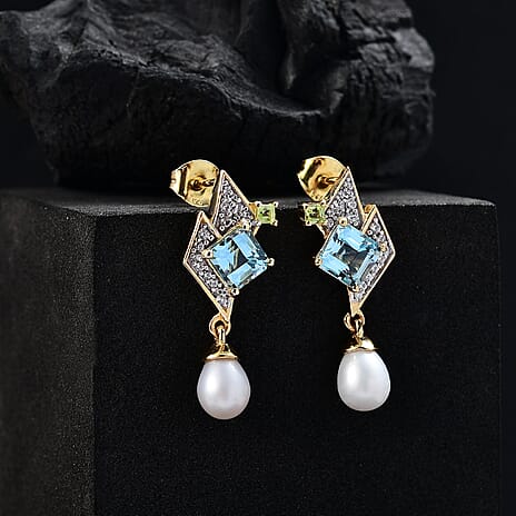 GP Art Deco Collection - Skyblue Topaz & Multi Gemstones Dangling Earring in 18K Vermeil Yellow Gold Plated Sterling Silver 7.56 Ct.