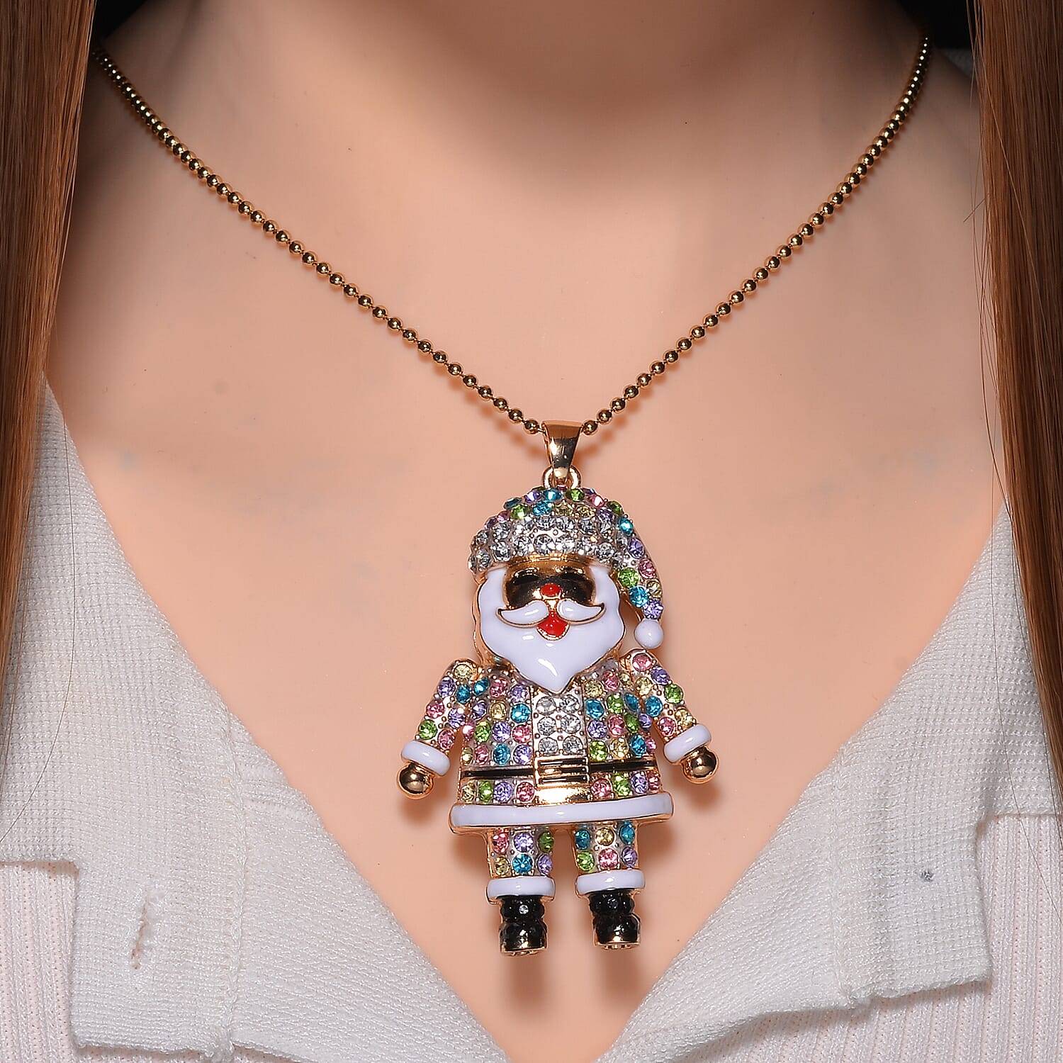 Multi Colour Crystal Enamelled Festive Santa Claus Necklace (Size - 24-2 Ext)