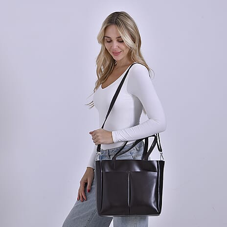 Closeout Deal - 100% Genuine Leather Tote Bag with Shoulder Strap - Brown