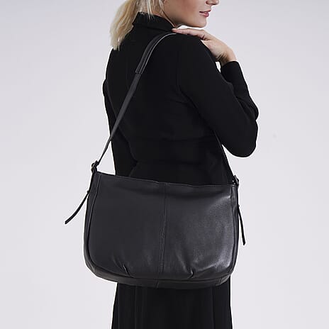 Closeout Deal- Genuine Leather Crossbody Bag with Adjustable Strap - Black
