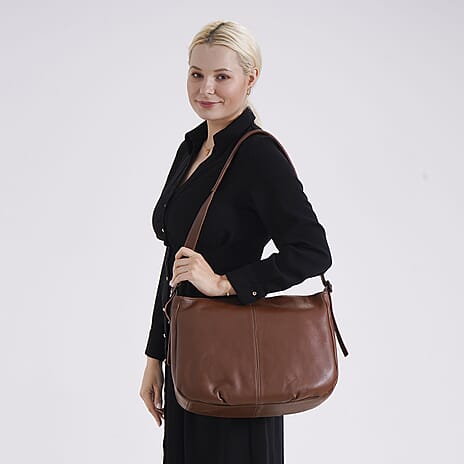 Closeout Deal- Genuine Leather Crossbody Bag with Adjustable Strap - Brown