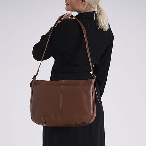 Closeout Deal- Genuine Leather Crossbody Bag with Adjustable Strap - Brown