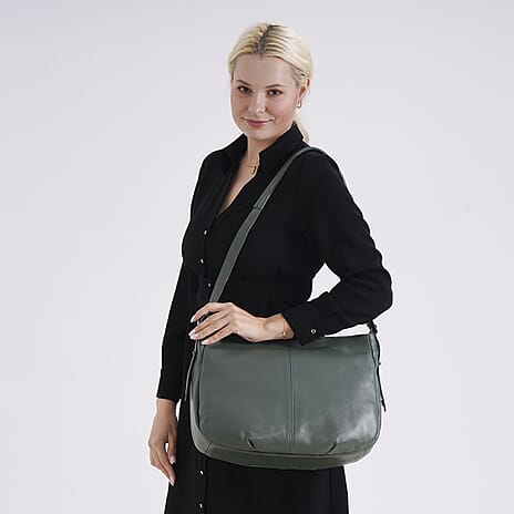 Closeout Deal- Genuine Leather Crossbody Bag with Adjustable Strap - Green