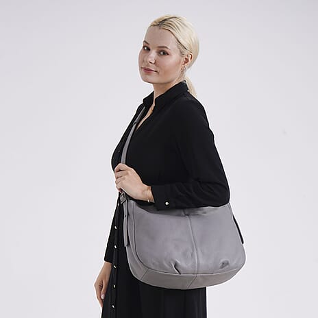 Closeout Deal- Genuine Leather Crossbody Bag with Adjustable Strap - Grey