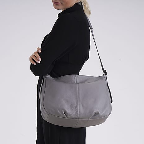 Closeout Deal- Genuine Leather Crossbody Bag with Adjustable Strap - Grey