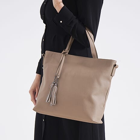 Genuine Leather Solid Crossbody Bag (Size 35x10x33 cm) - Khaki & Pink