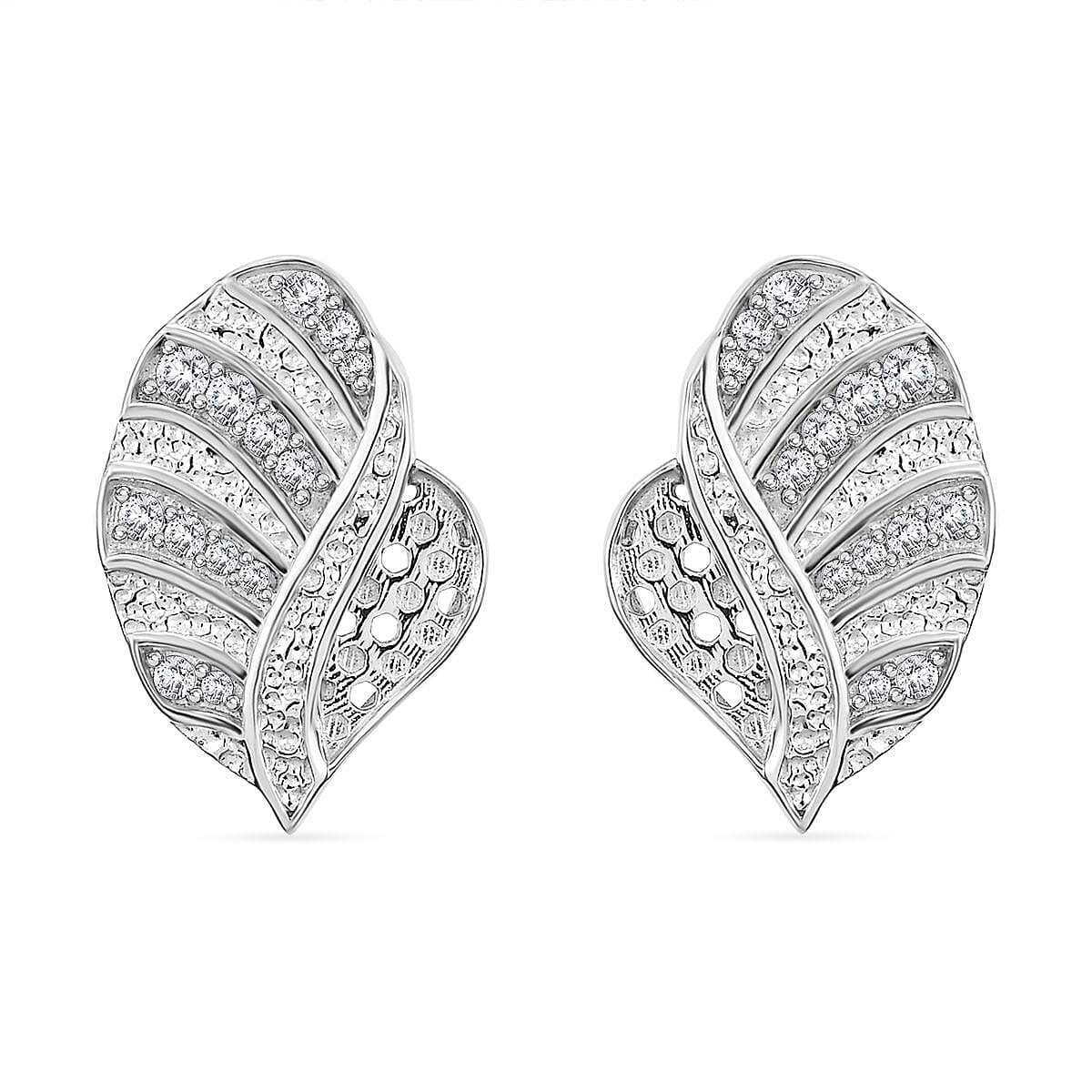 GP Leaf Collection - White Zircon Earring with Push Back in Rhodium Overlay Sterling Silver