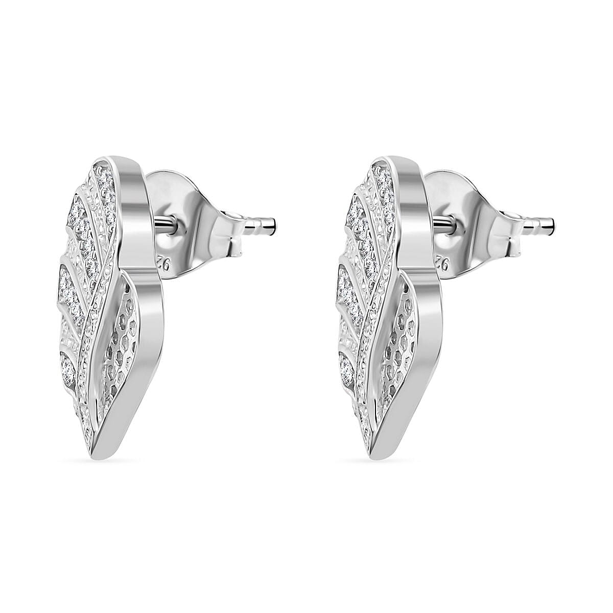 GP Leaf Collection - White Zircon Earring with Push Back in Rhodium Overlay Sterling Silver
