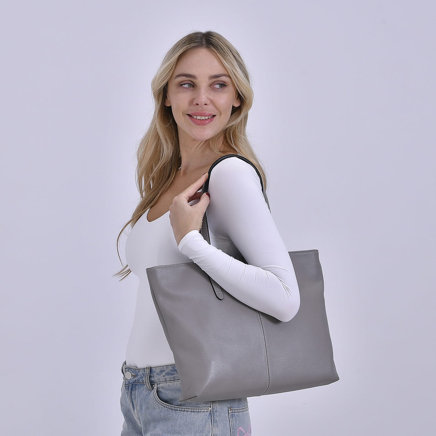 Closeout Deal - SUMPTUOUS 100% Genuine Leather Tote Bag - Grey