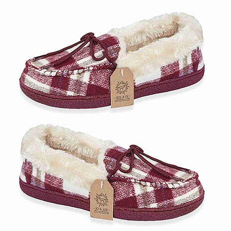 Jo - Joe Ladies Pembroke Fleece Lined Tartan Slippers (Size 4) - Cherry